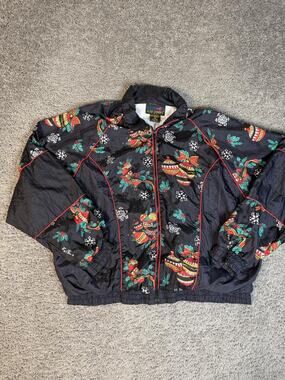 VTG Active Elements Jacket Womens L Black Floral Christmas Windbreaker Pockets
